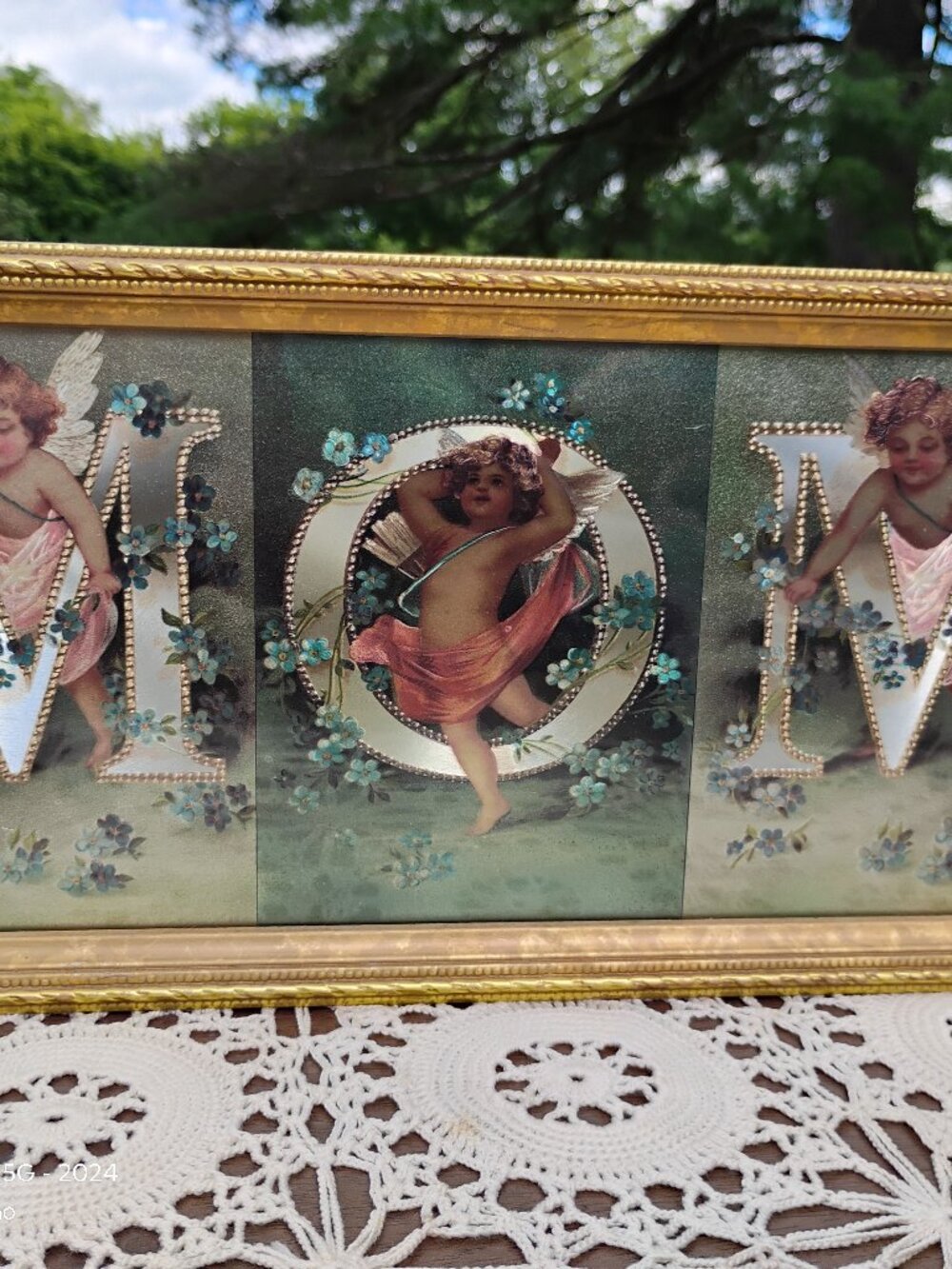 Victorian style framed art Visser cherubs angels MOM foiled print gold frame